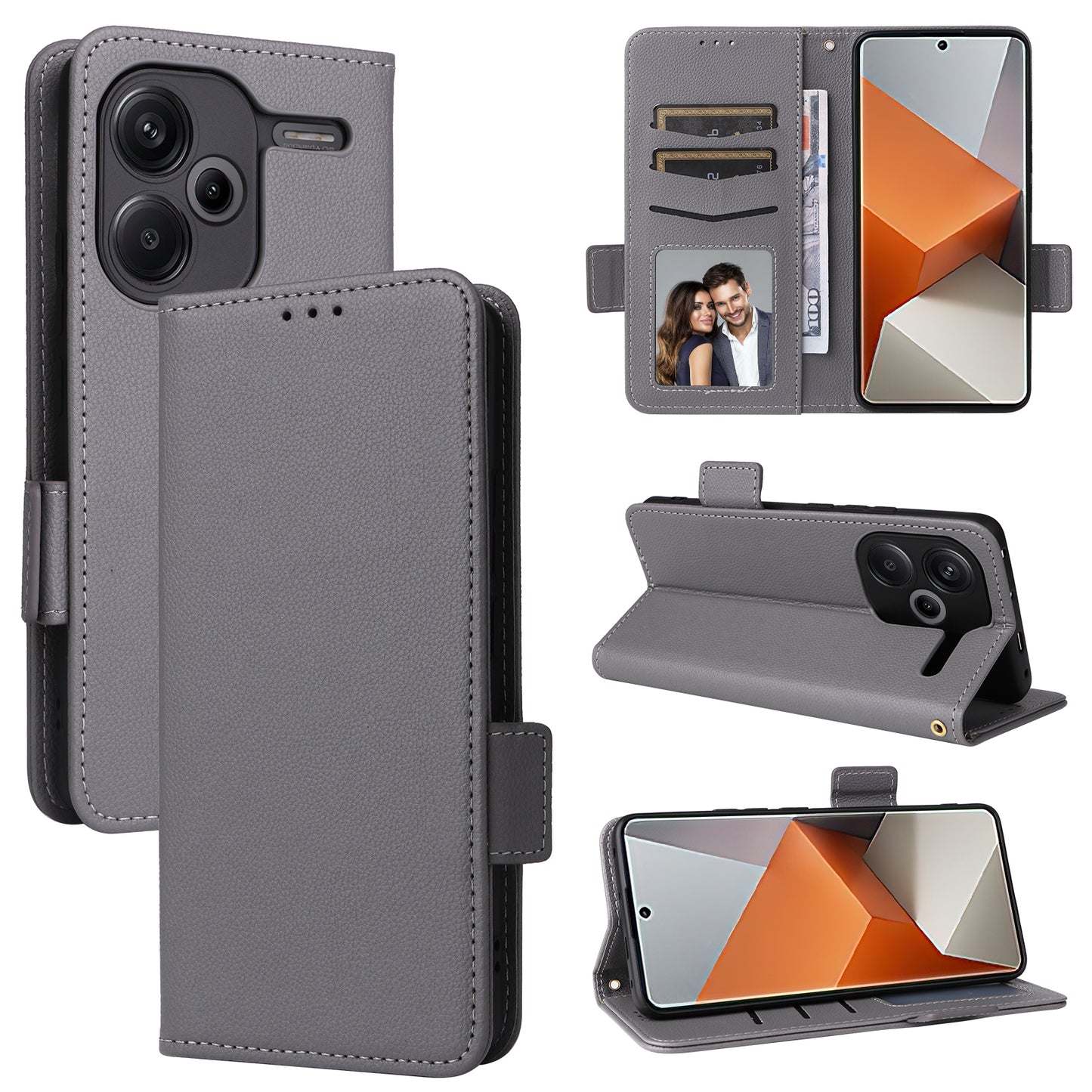 For Xiaomi Redmi Note 13 Pro+ 5G Case Litchi Texture PU Leather Wallet Phone Protector with Strap - Grey