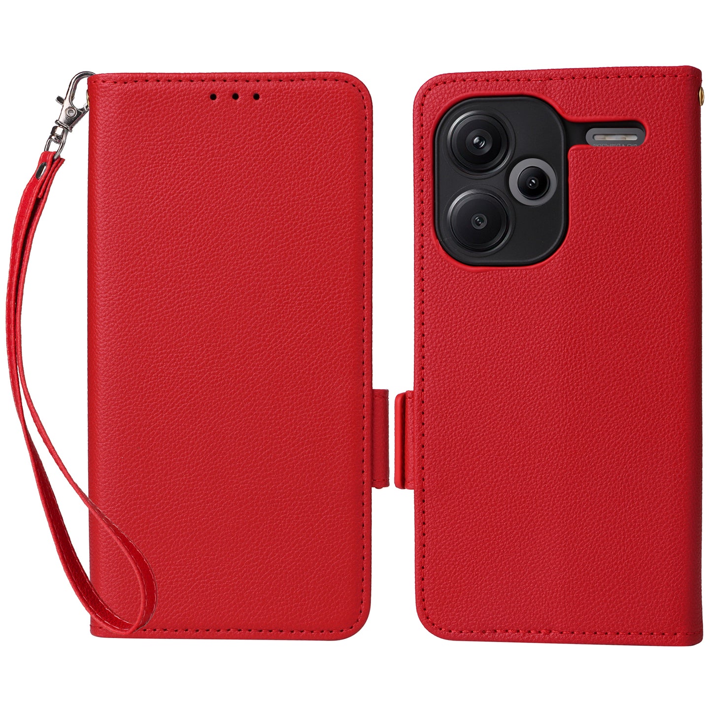 For Xiaomi Redmi Note 13 Pro+ 5G Case Litchi Texture PU Leather Wallet Phone Protector with Strap - Red