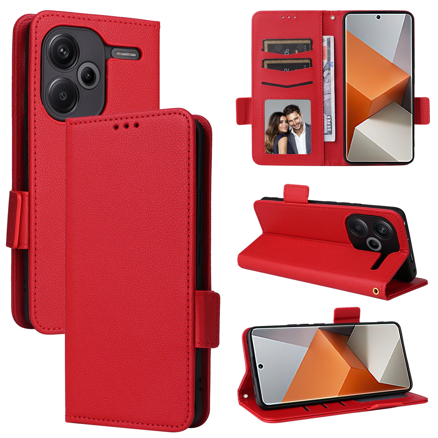 For Xiaomi Redmi Note 13 Pro+ 5G Case Litchi Texture PU Leather Wallet Phone Protector with Strap - Red