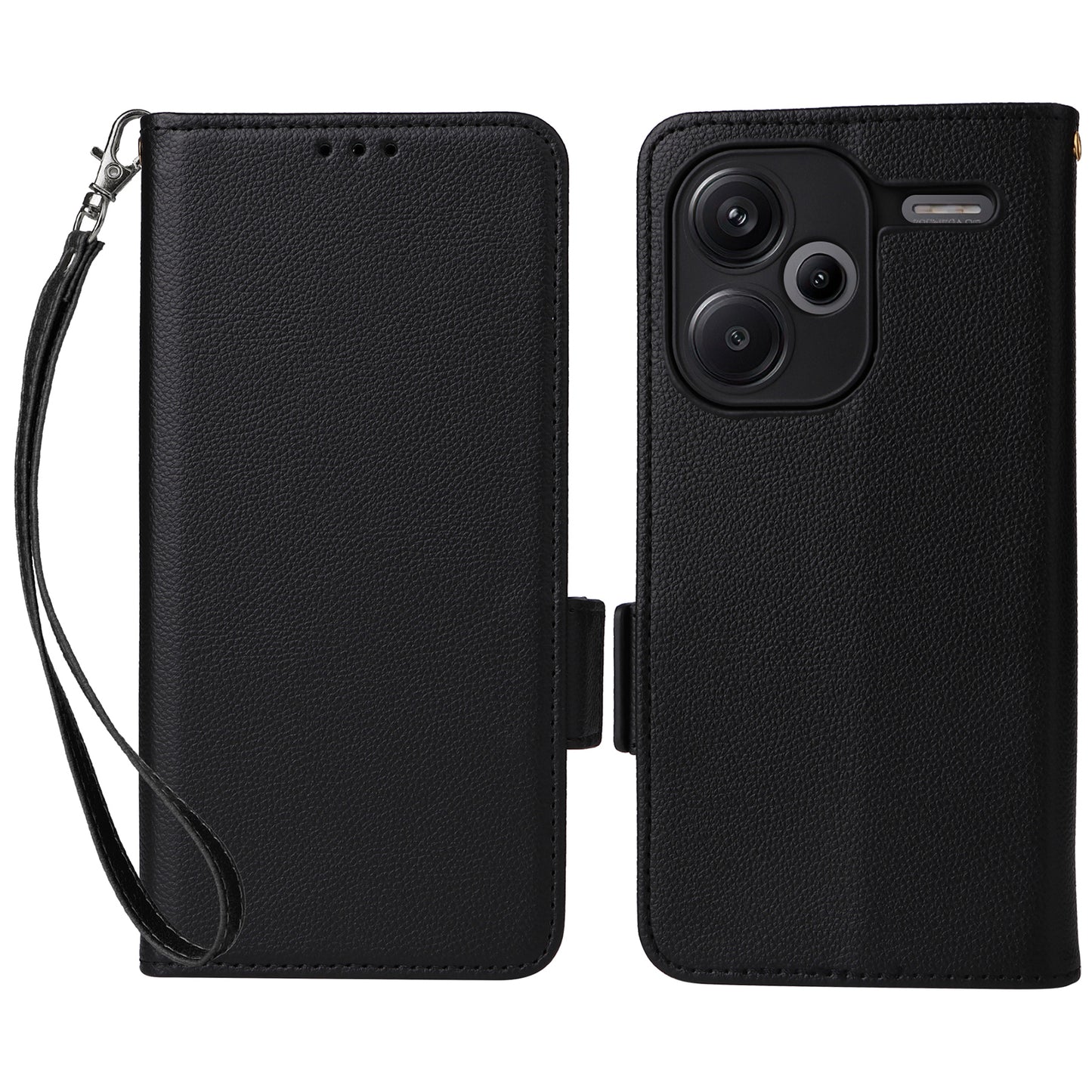 For Xiaomi Redmi Note 13 Pro+ 5G Case Litchi Texture PU Leather Wallet Phone Protector with Strap - Black