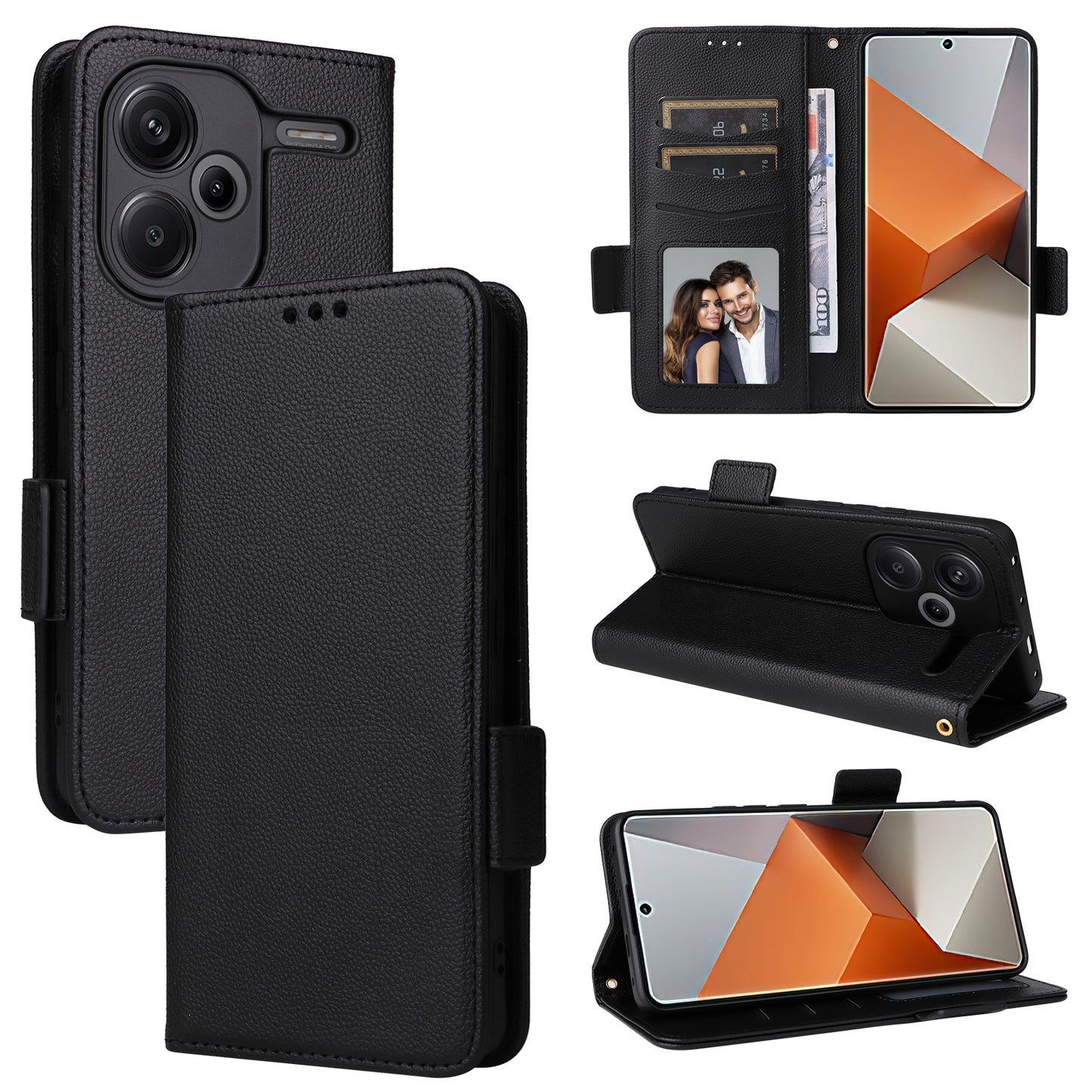 For Xiaomi Redmi Note 13 Pro+ 5G Case Litchi Texture PU Leather Wallet Phone Protector with Strap - Black