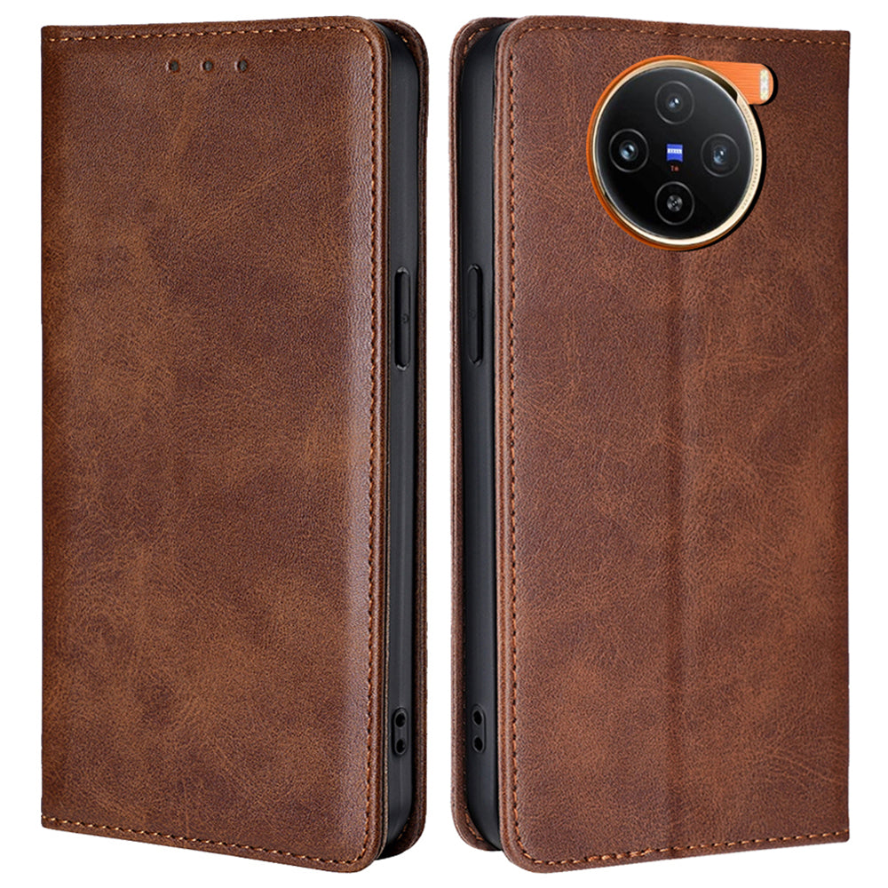 For vivo X100 5G Magnetic Phone Case Anti-drop PU Leather+TPU Calf Texture Stand Cover - Brown