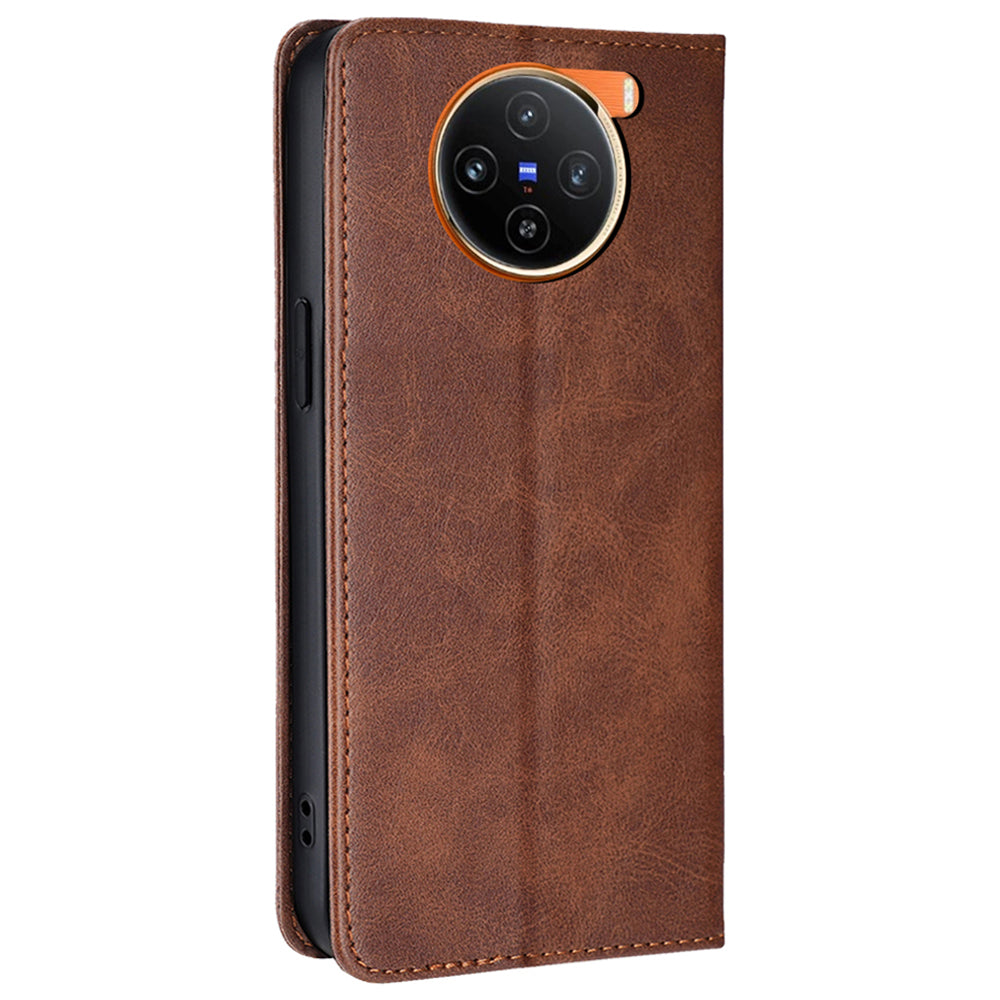 For vivo X100 5G Magnetic Phone Case Anti-drop PU Leather+TPU Calf Texture Stand Cover - Brown