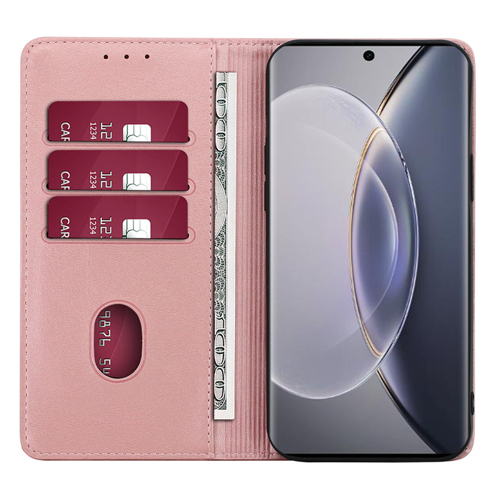 For vivo X100 5G Magnetic Phone Case Anti-drop PU Leather+TPU Calf Texture Stand Cover - Rose Gold