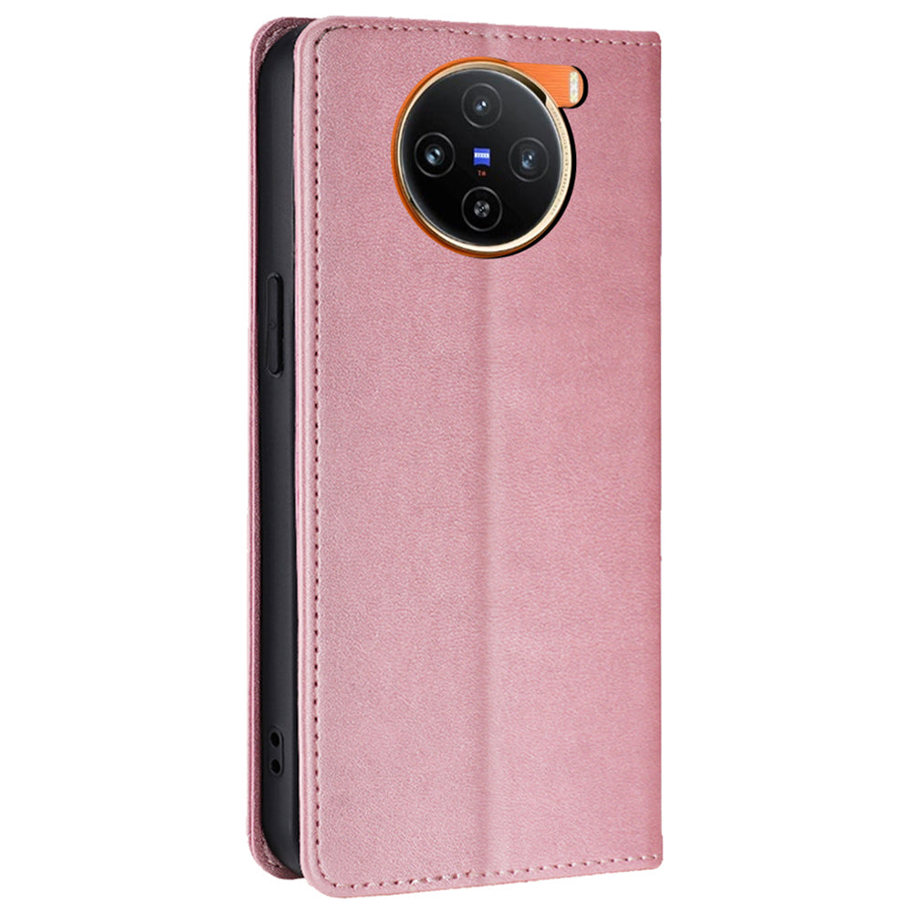 For vivo X100 5G Magnetic Phone Case Anti-drop PU Leather+TPU Calf Texture Stand Cover - Rose Gold