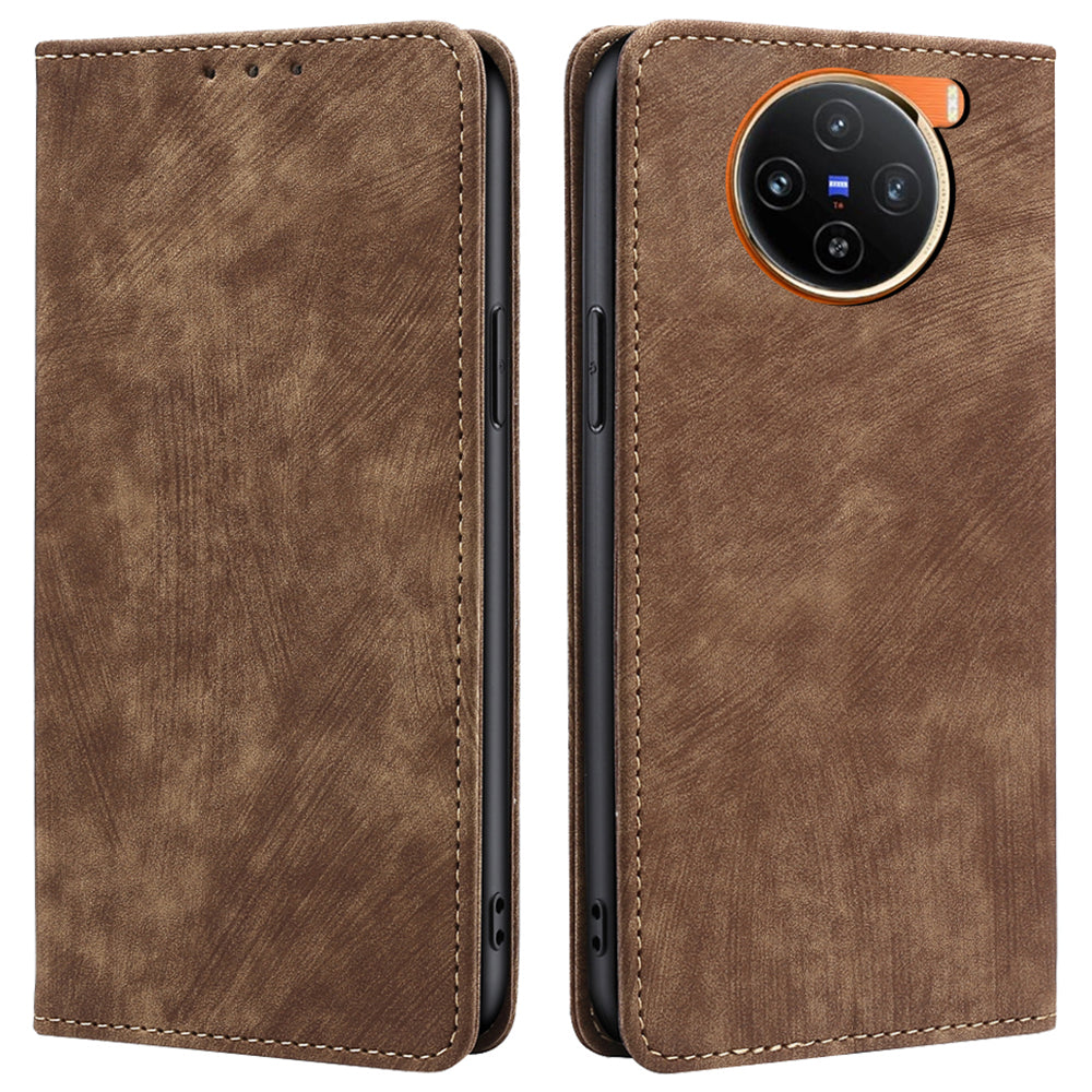 For vivo X100 5G Case Anti-fall PU Leather RFID Blocking Wallet Phone Cover with Card Slots - Brown