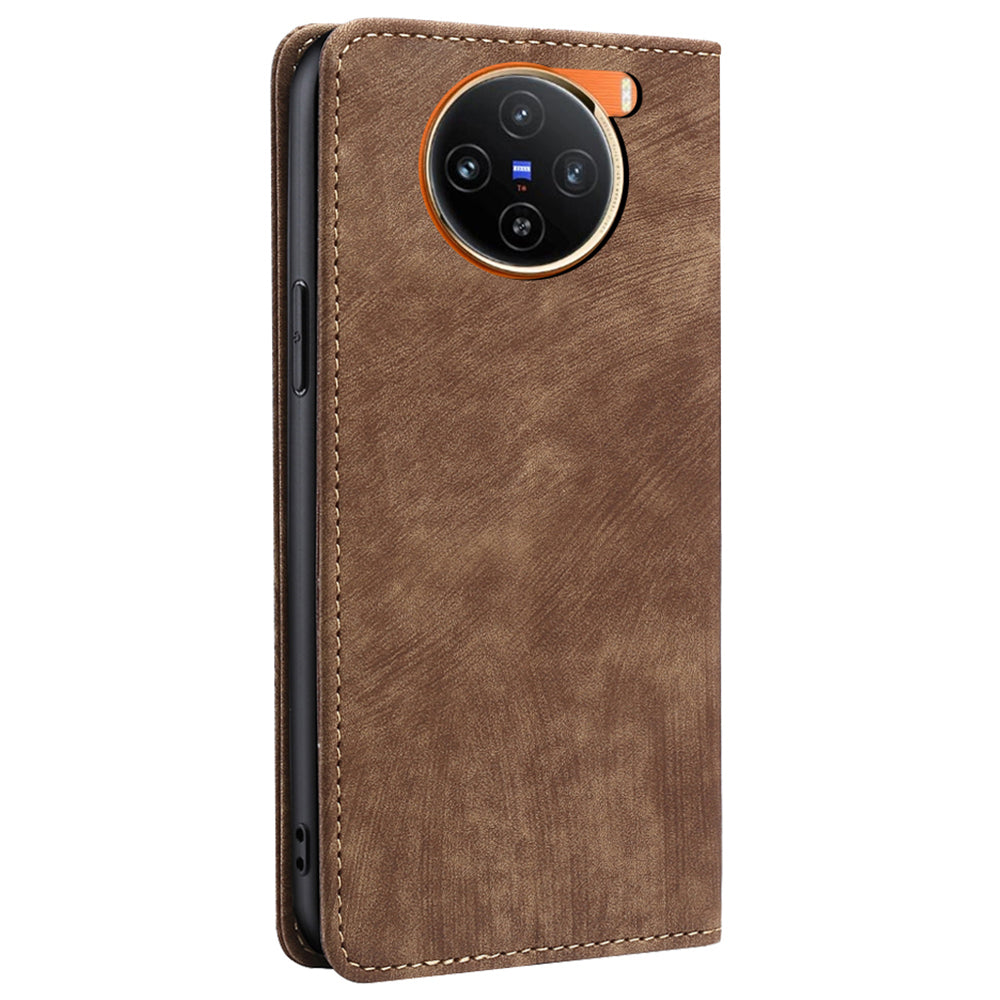 For vivo X100 5G Case Anti-fall PU Leather RFID Blocking Wallet Phone Cover with Card Slots - Brown