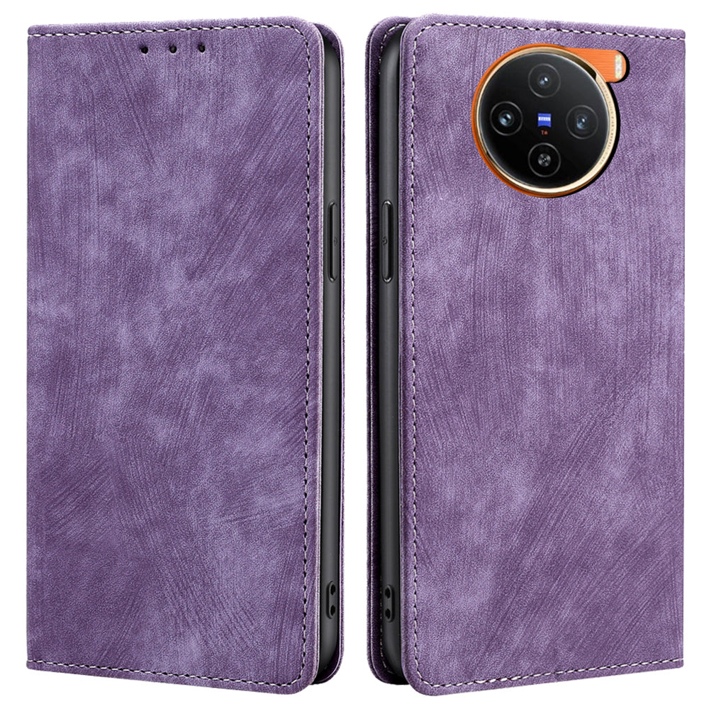 For vivo X100 5G Case Anti-fall PU Leather RFID Blocking Wallet Phone Cover with Card Slots - Purple