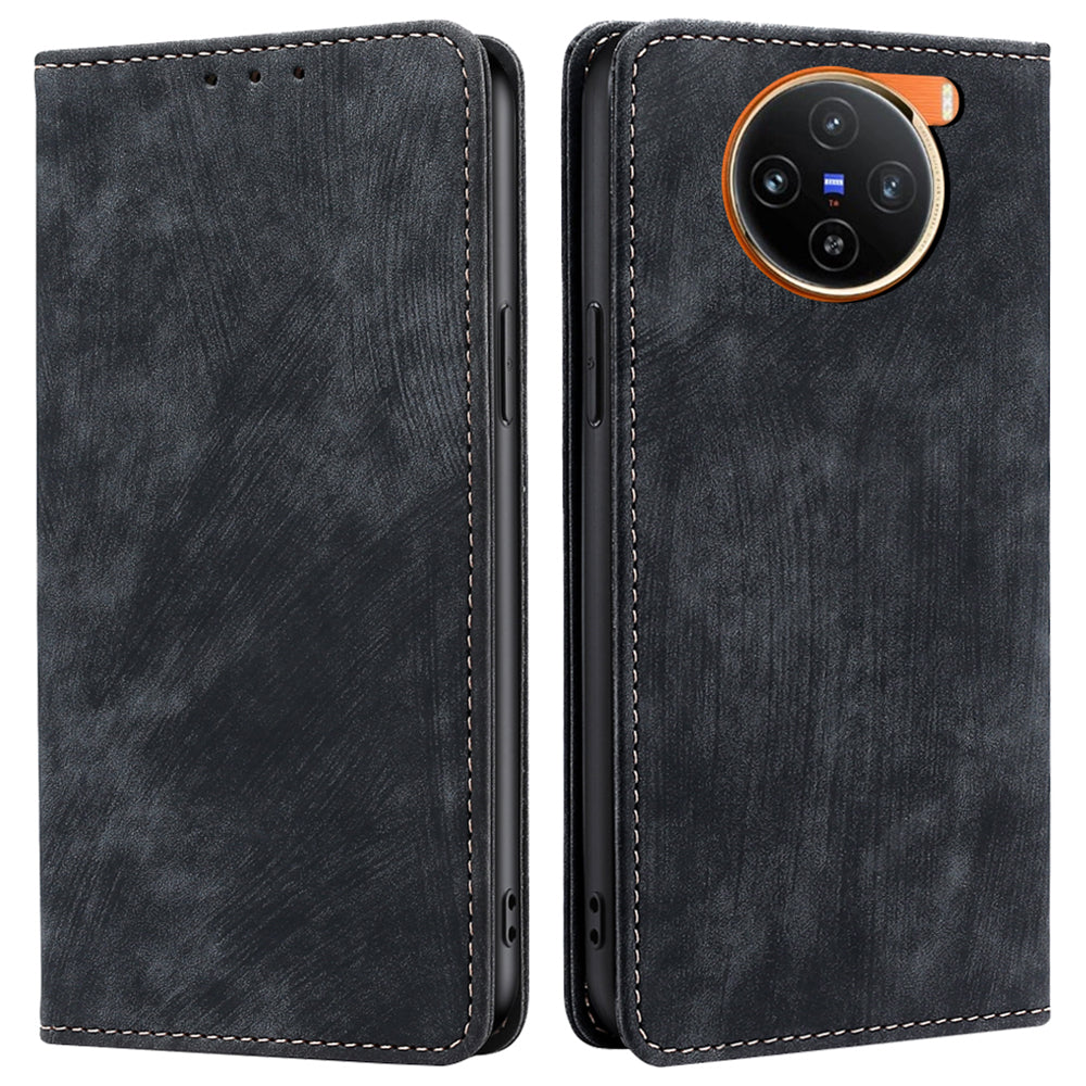 For vivo X100 5G Case Anti-fall PU Leather RFID Blocking Wallet Phone Cover with Card Slots - Black