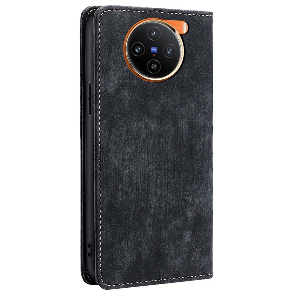For vivo X100 5G Case Anti-fall PU Leather RFID Blocking Wallet Phone Cover with Card Slots - Black
