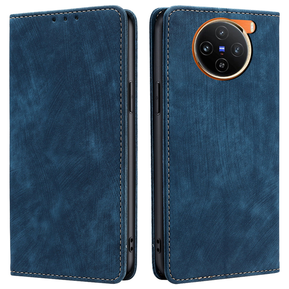 For vivo X100 5G Case Anti-fall PU Leather RFID Blocking Wallet Phone Cover with Card Slots - Blue