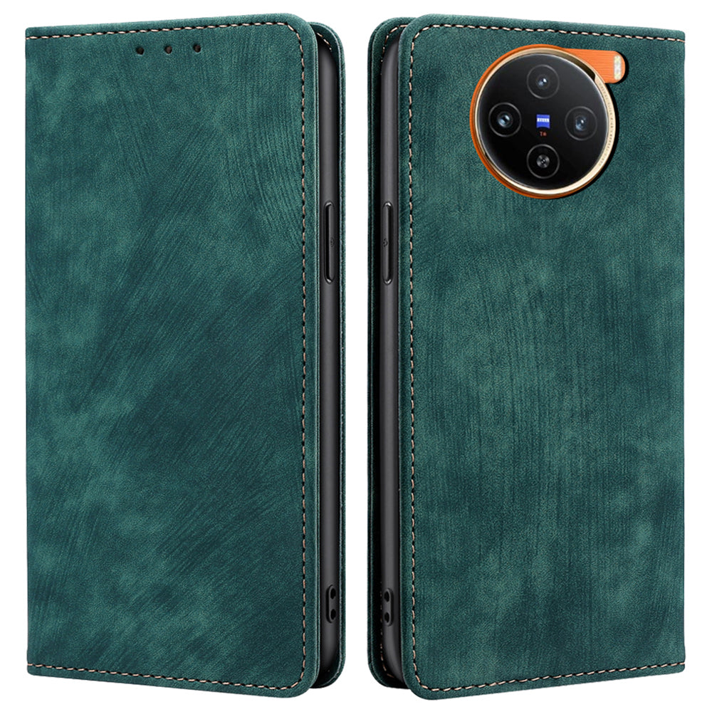 For vivo X100 5G Case Anti-fall PU Leather RFID Blocking Wallet Phone Cover with Card Slots - Green
