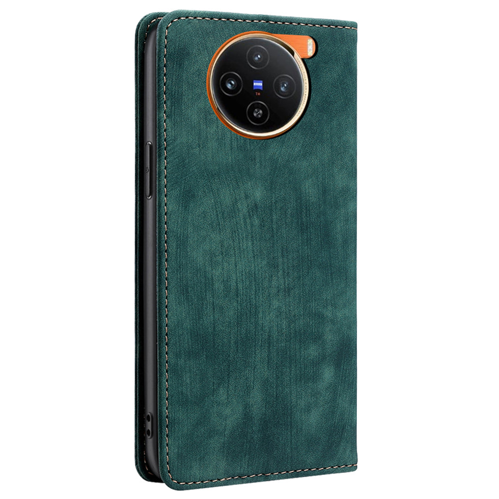 For vivo X100 5G Case Anti-fall PU Leather RFID Blocking Wallet Phone Cover with Card Slots - Green