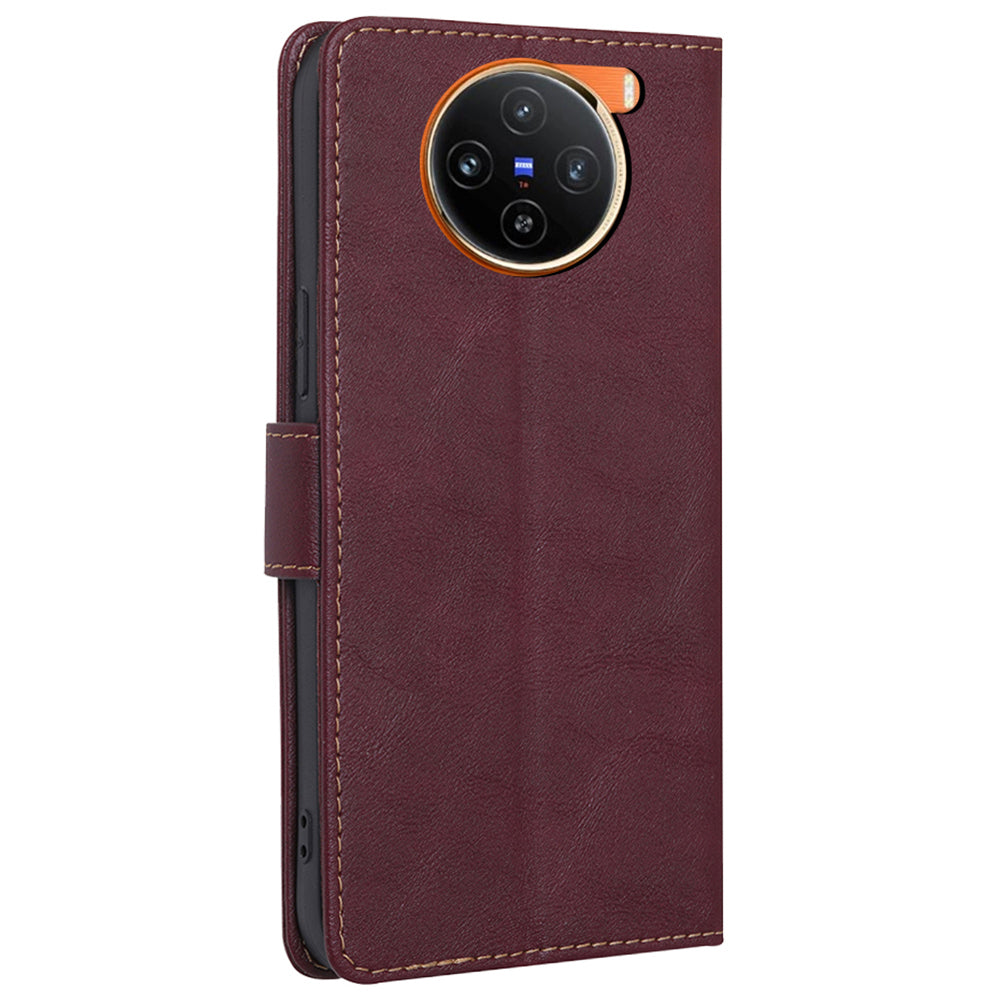 For vivo X100 5G Phone Case Stand Folio Cover with RFID Blocking 3 Card Slot - Wine Red