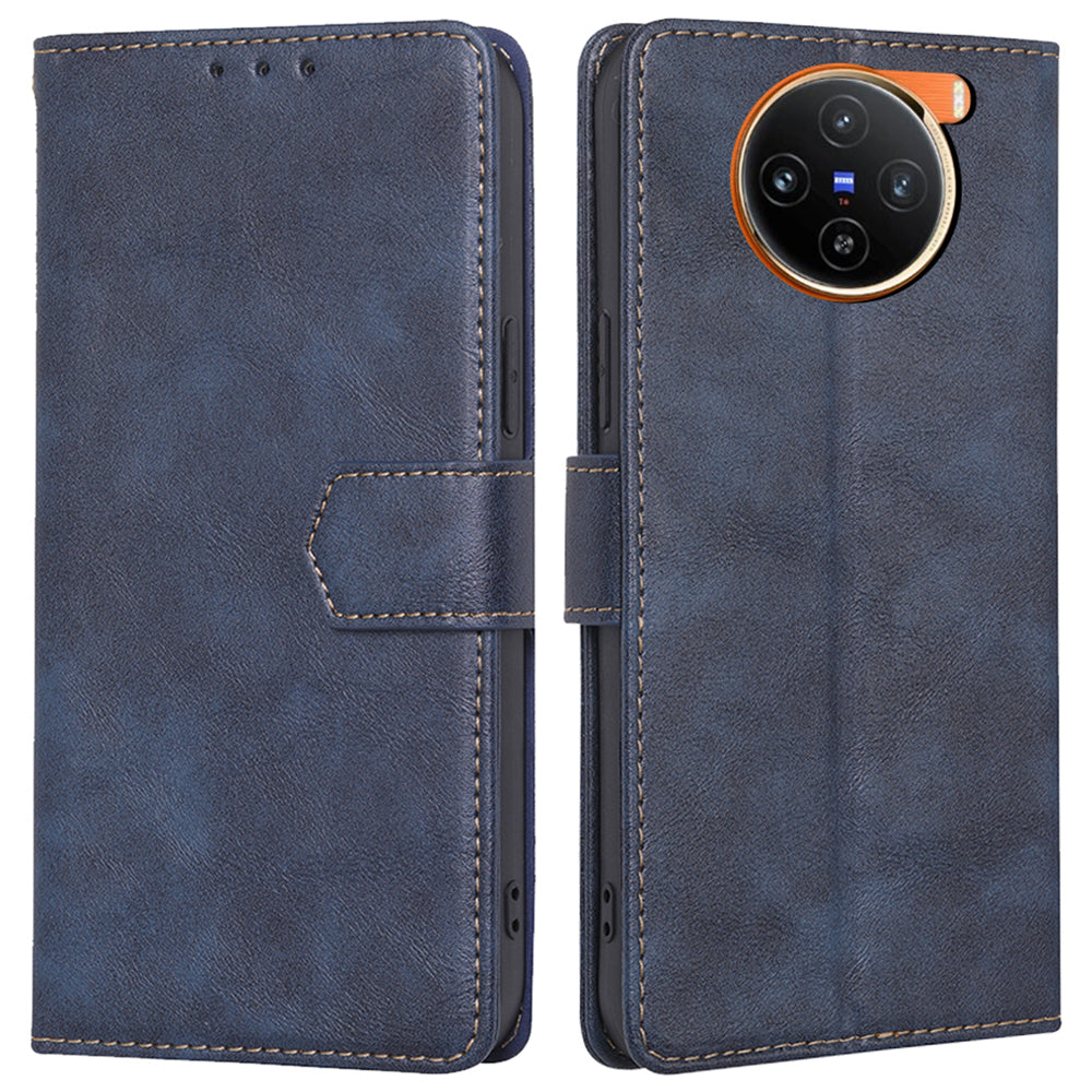 For vivo X100 5G Phone Case Stand Folio Cover with RFID Blocking 3 Card Slot - Blue