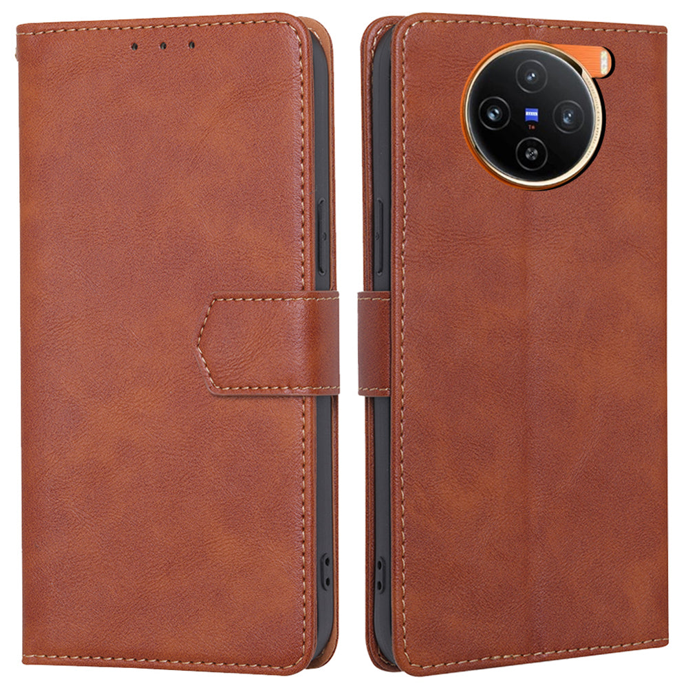 For vivo X100 5G Phone Case Stand Folio Cover with RFID Blocking 3 Card Slot - Brown