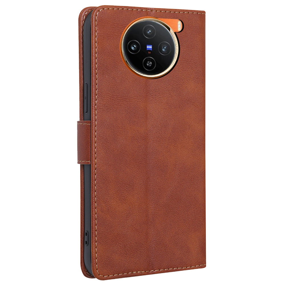 For vivo X100 5G Phone Case Stand Folio Cover with RFID Blocking 3 Card Slot - Brown
