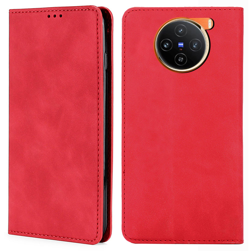 For vivo X100 5G Case with 2 Card Holder Slot Leather Magnetic Closure Cover - Red
