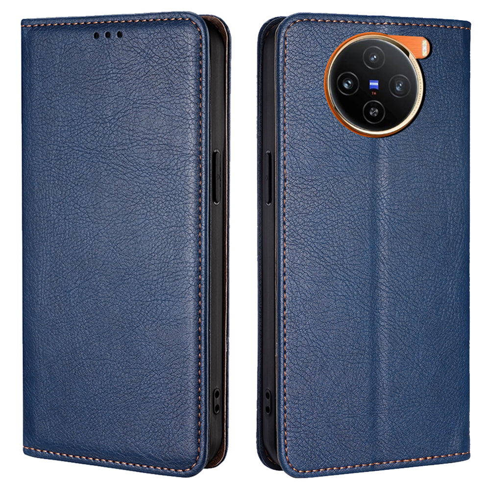 For vivo X100 5G Leather Flip Magnetic Case Solid Color Shockproof TPU Protective Phone Cover - Blue