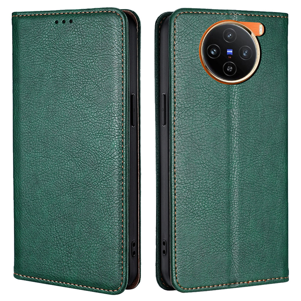For vivo X100 5G Leather Flip Magnetic Case Solid Color Shockproof TPU Protective Phone Cover - Green