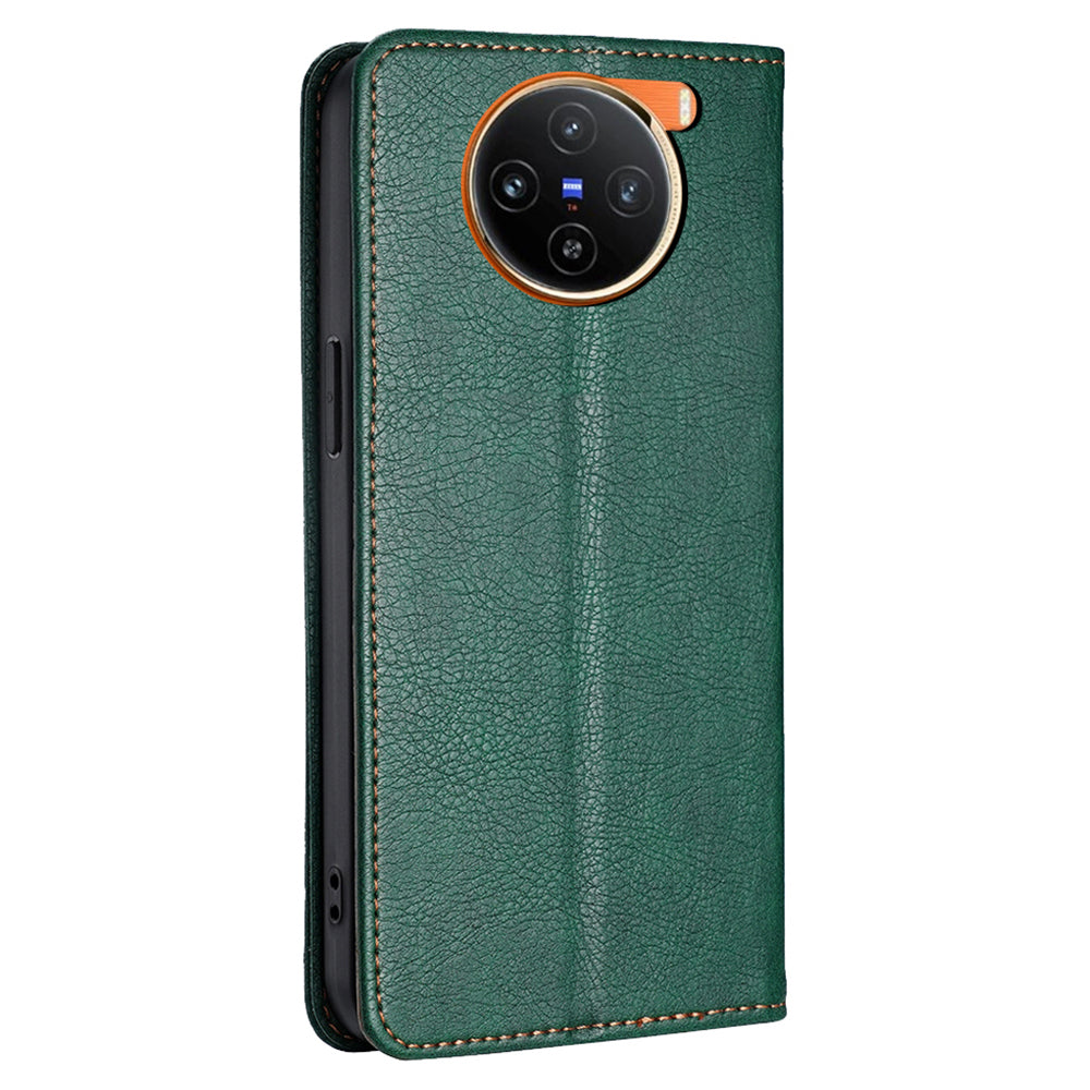 For vivo X100 5G Leather Flip Magnetic Case Solid Color Shockproof TPU Protective Phone Cover - Green