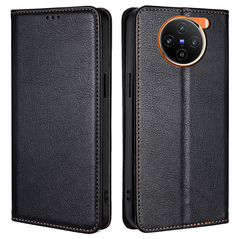 For vivo X100 5G Leather Flip Magnetic Case Solid Color Shockproof TPU Protective Phone Cover - Black