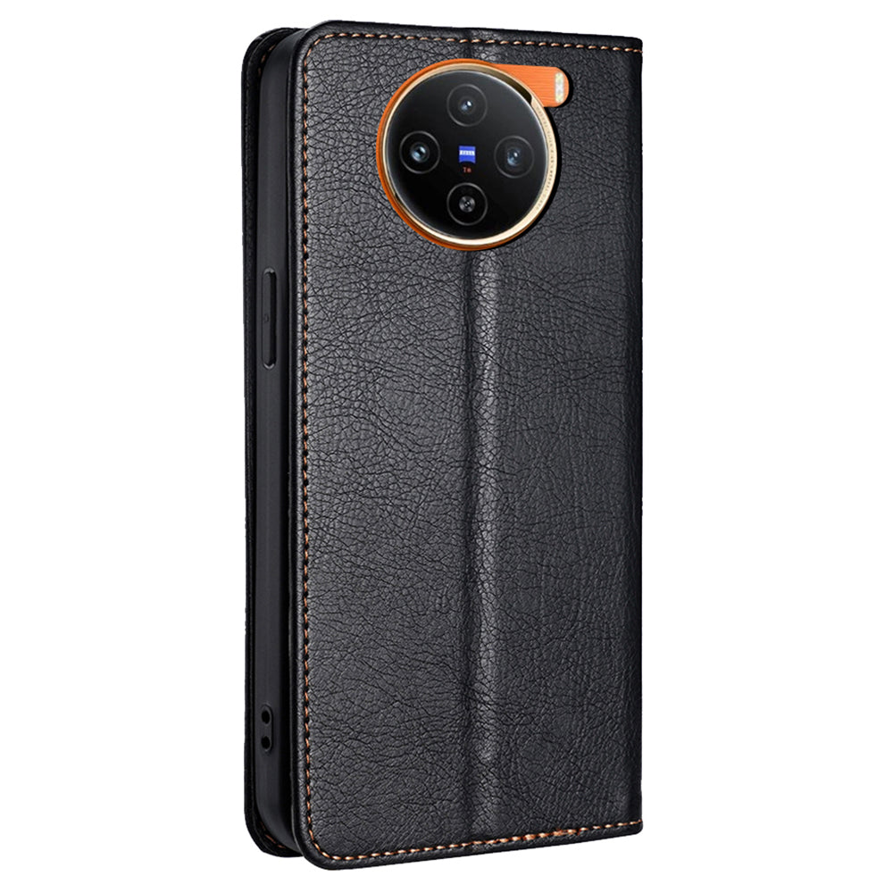For vivo X100 5G Leather Flip Magnetic Case Solid Color Shockproof TPU Protective Phone Cover - Black
