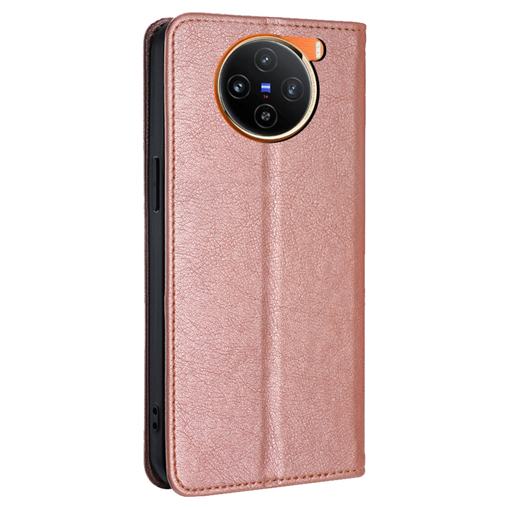 For vivo X100 5G Leather Flip Magnetic Case Solid Color Shockproof TPU Protective Phone Cover - Rose Gold