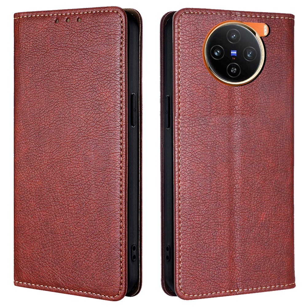 For vivo X100 5G Leather Flip Magnetic Case Solid Color Shockproof TPU Protective Phone Cover - Brown