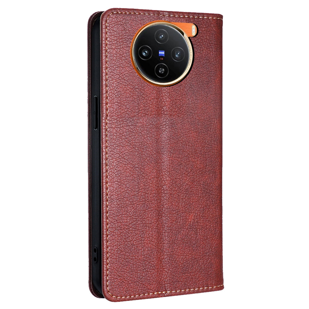 For vivo X100 5G Leather Flip Magnetic Case Solid Color Shockproof TPU Protective Phone Cover - Brown