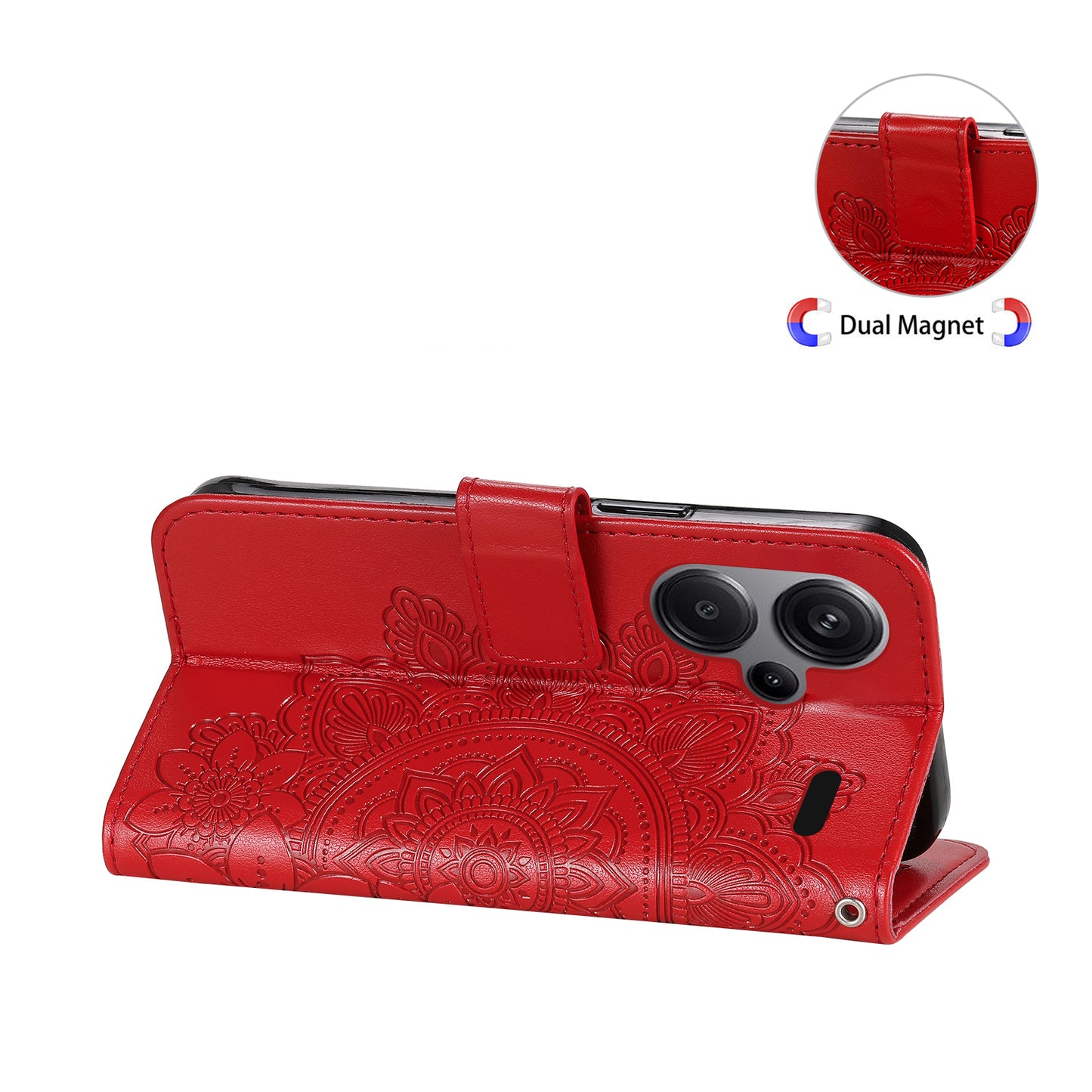 For Xiaomi Redmi Note 13 Pro+ 5G Case with Stand Blossoming Flower Leather Wallet Cover - Red
