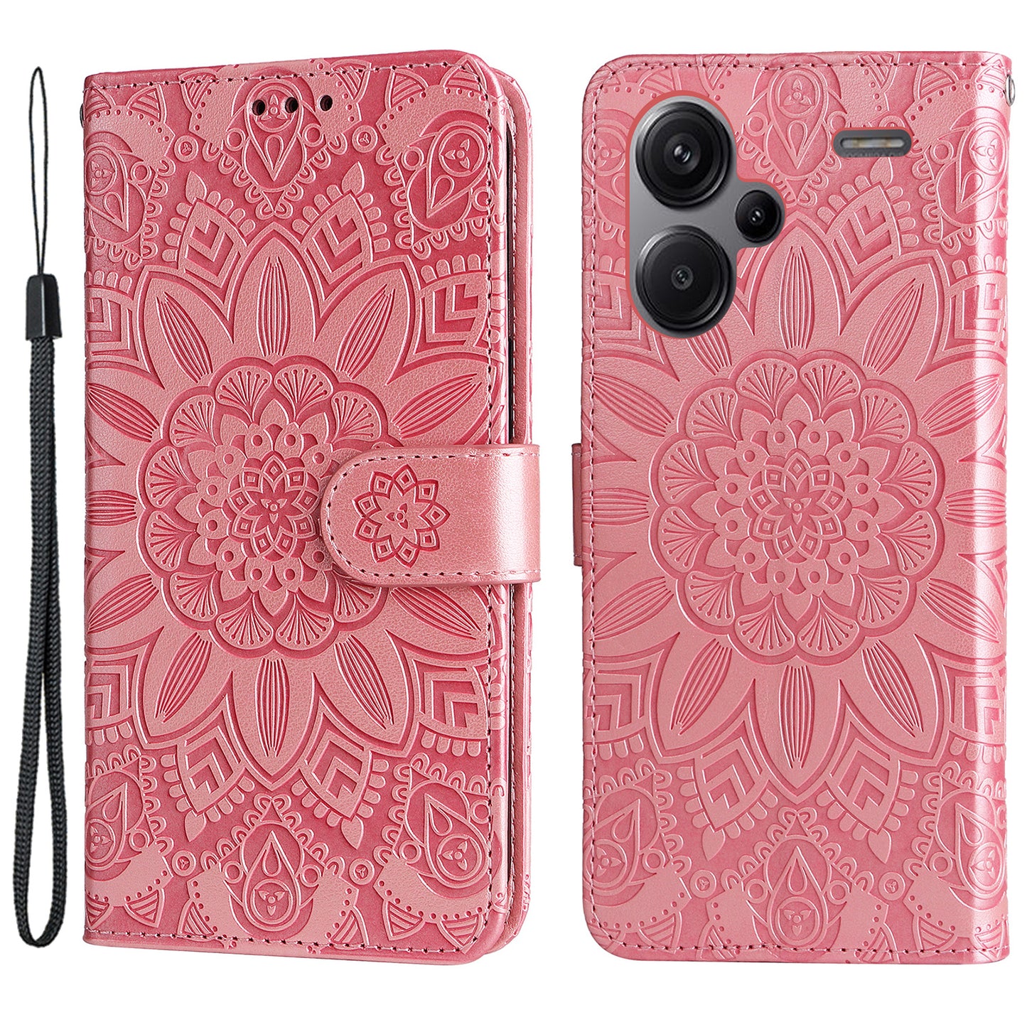 For Xiaomi Redmi Note 13 Pro+ 5G Leather Case Wallet Cover Stand with Strap, Sunflower Pattern - Pink