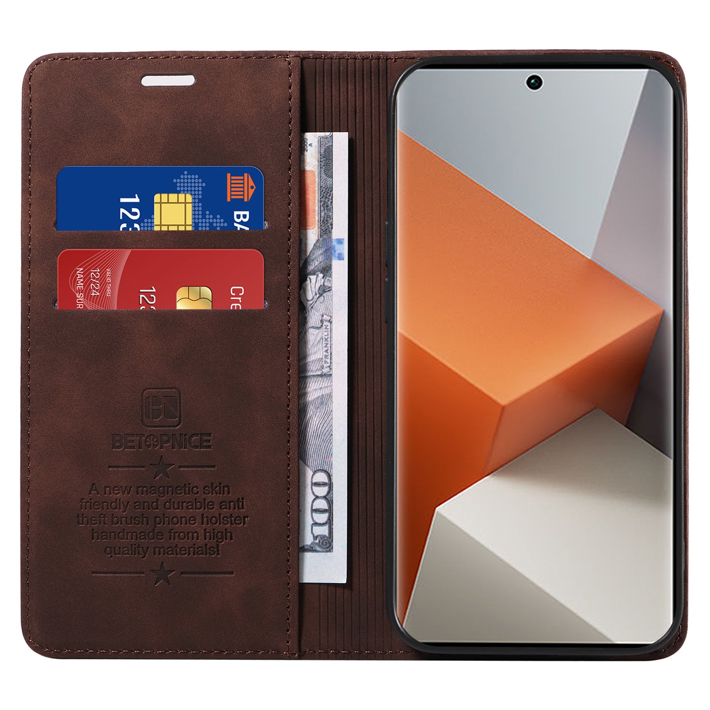 BETOPNICE 003 for Xiaomi Redmi Note 13 Pro+ 5G Wallet Case RFID Blocking Leather Cover - Brown