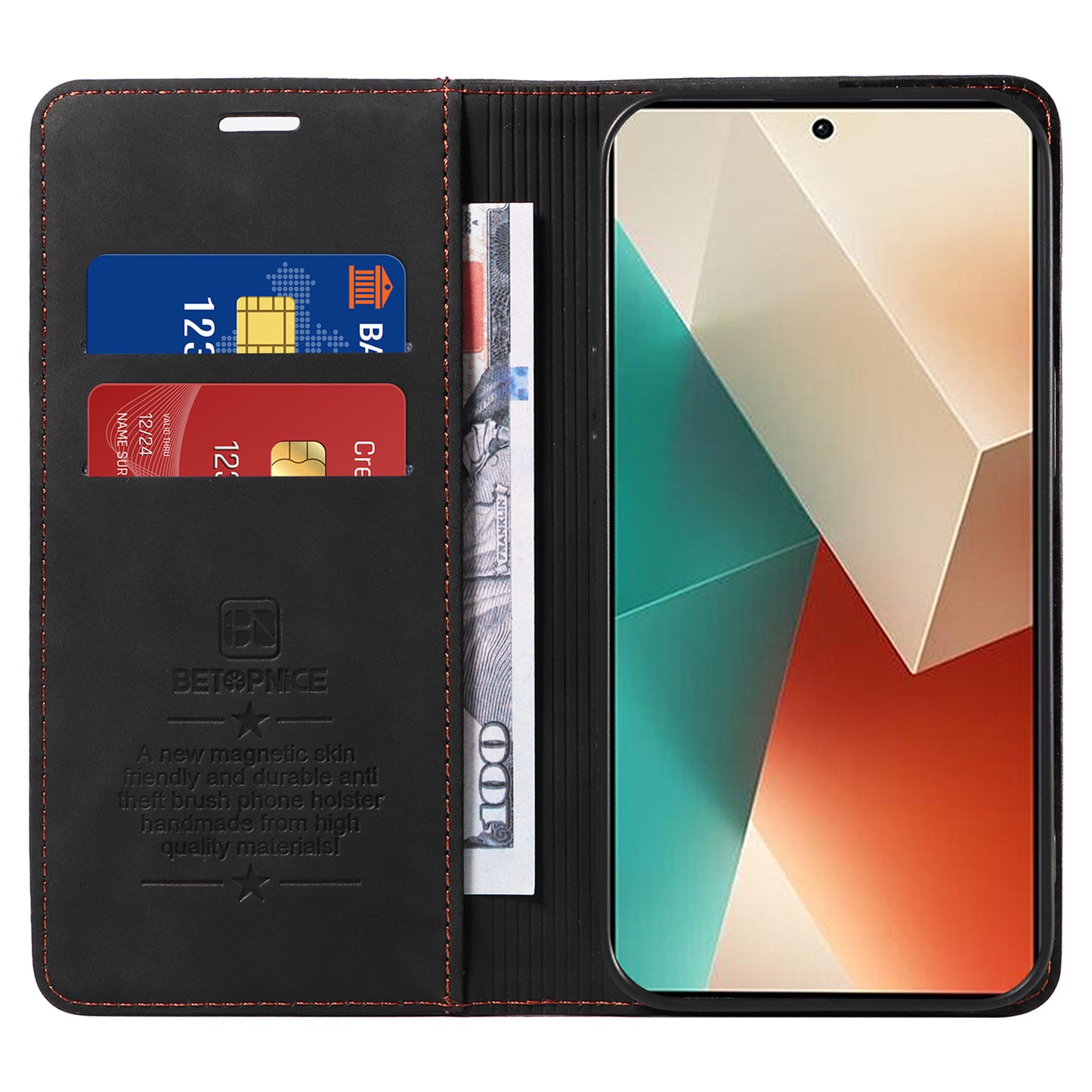 BETOPNICE 003 for Xiaomi Redmi Note 13 5G Leather Case RFID Blocking Stand Wallet - Black