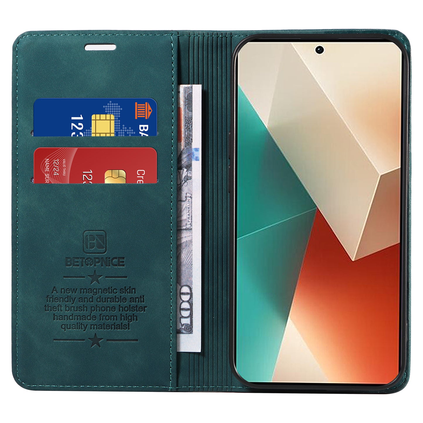 BETOPNICE 003 for Xiaomi Redmi Note 13 5G Leather Case RFID Blocking Stand Wallet - Green