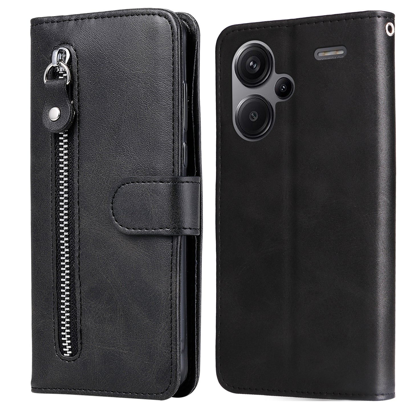 For Xiaomi Redmi Note 13 Pro+ 5G Case Stand Calf Texture Leather Cover Zipper Wallet - Black