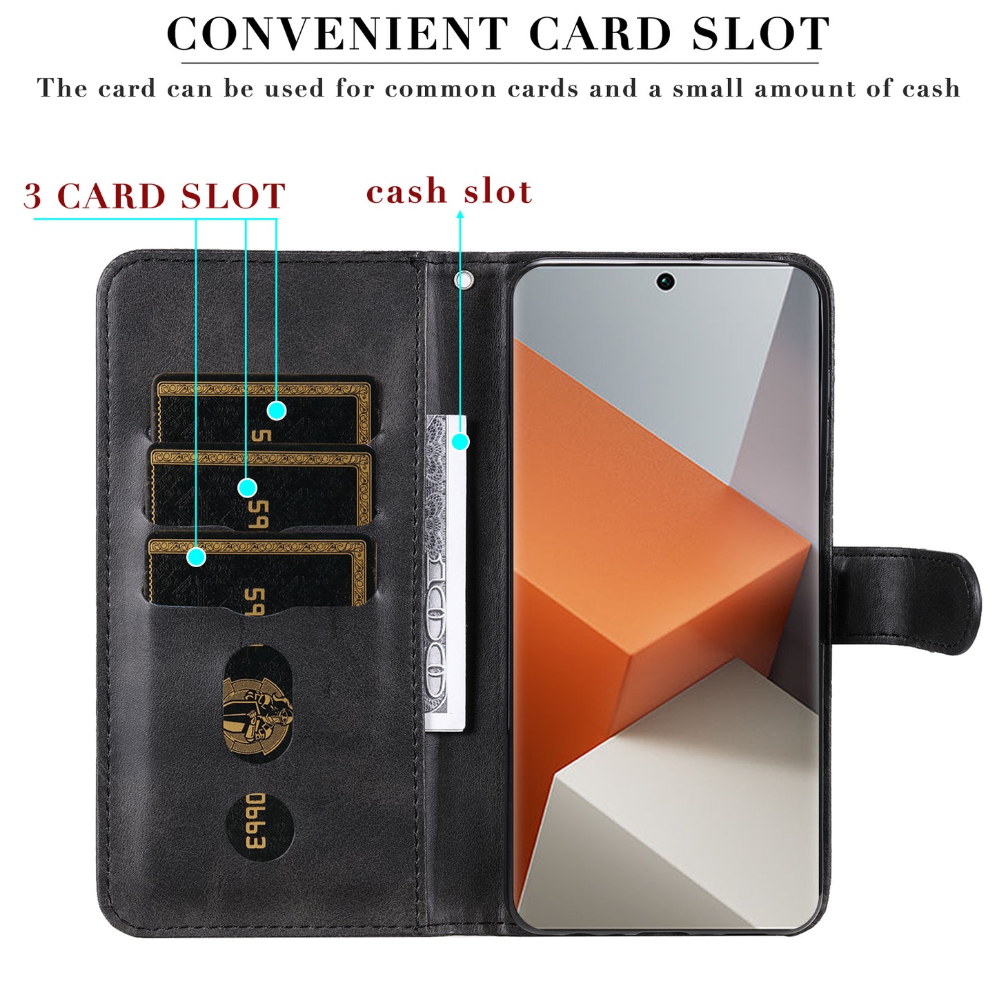 For Xiaomi Redmi Note 13 Pro+ 5G Case Stand Calf Texture Leather Cover Zipper Wallet - Black