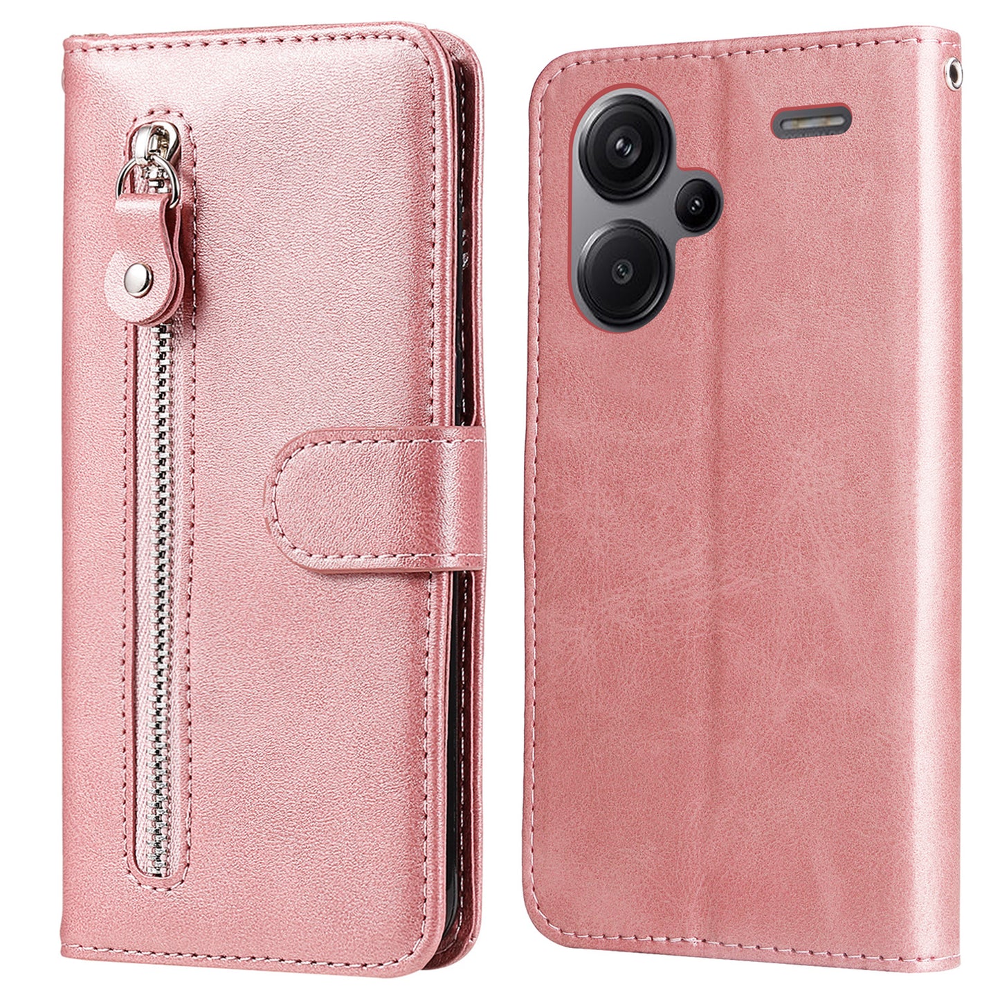 For Xiaomi Redmi Note 13 Pro+ 5G Case Stand Calf Texture Leather Cover Zipper Wallet - Pink