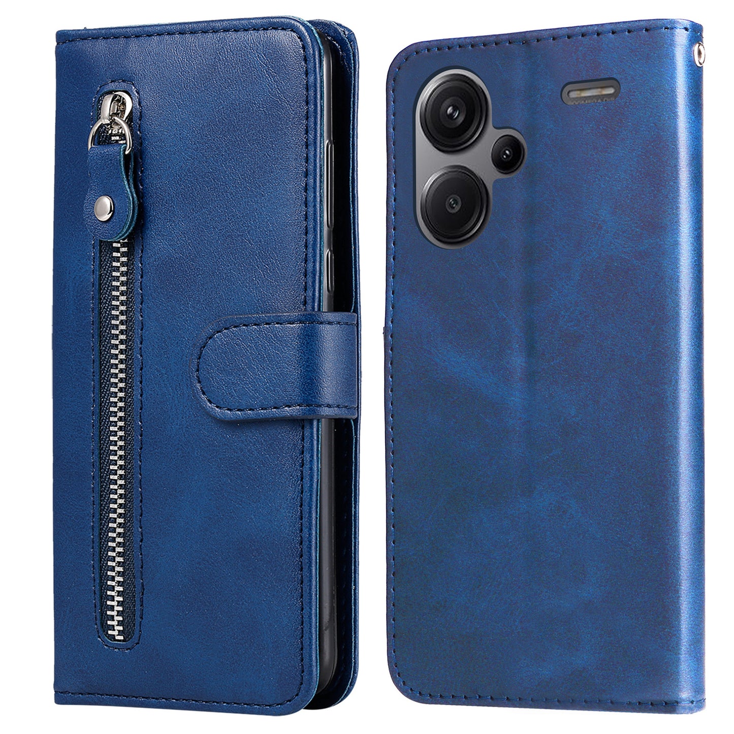 For Xiaomi Redmi Note 13 Pro+ 5G Case Stand Calf Texture Leather Cover Zipper Wallet - Blue