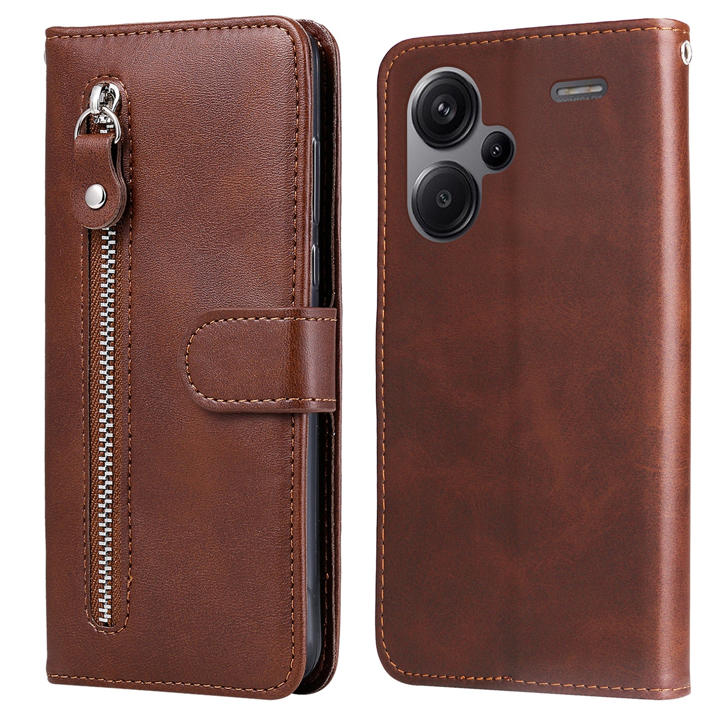 For Xiaomi Redmi Note 13 Pro+ 5G Case Stand Calf Texture Leather Cover Zipper Wallet - Brown