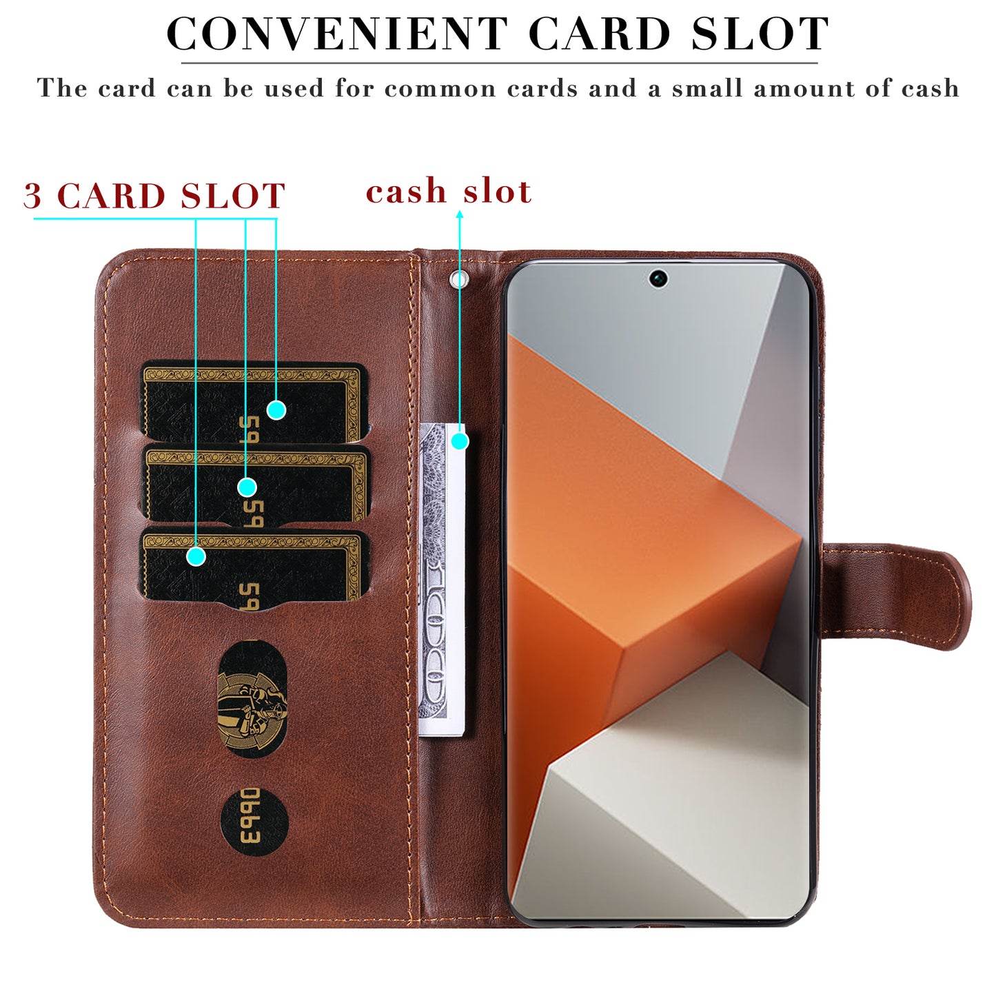 For Xiaomi Redmi Note 13 Pro+ 5G Case Stand Calf Texture Leather Cover Zipper Wallet - Brown