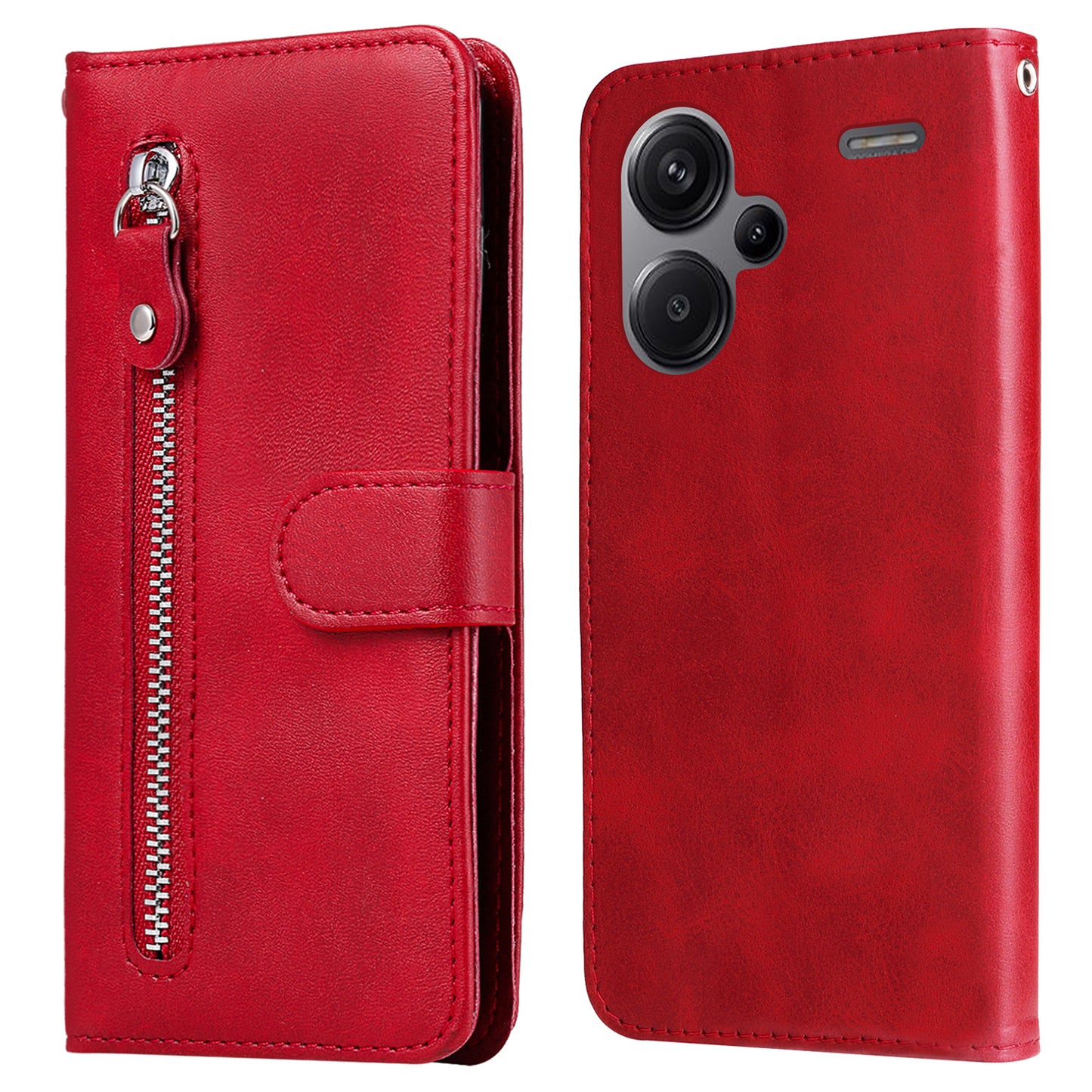 For Xiaomi Redmi Note 13 Pro+ 5G Case Stand Calf Texture Leather Cover Zipper Wallet - Red