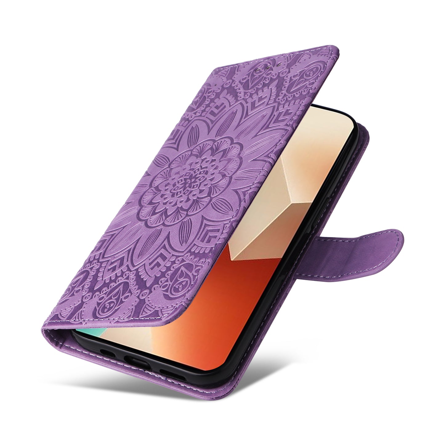 For Xiaomi Redmi Note 13 5G Case Sunflower Pattern Leather Phone Wallet Stand Cover - Purple
