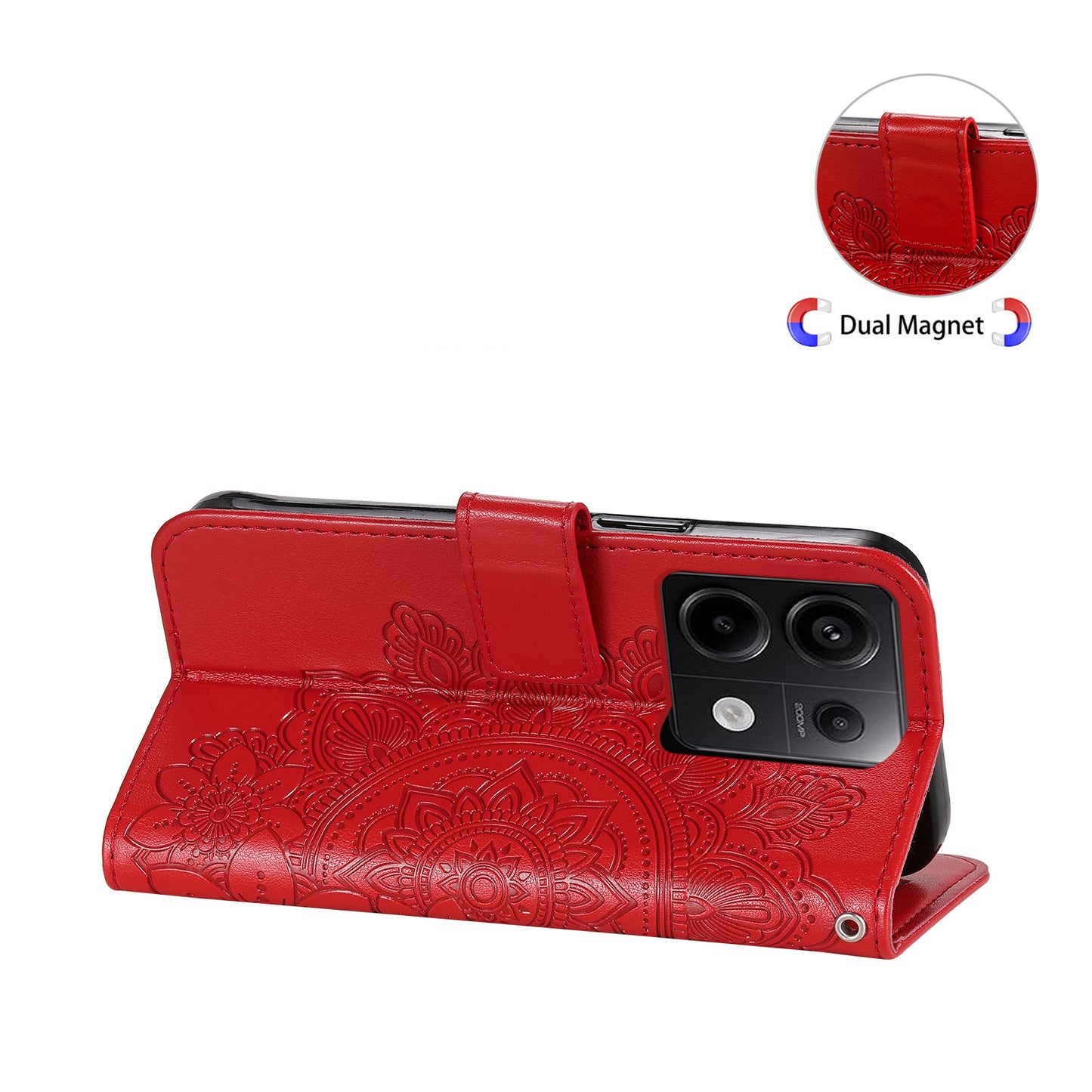 For Xiaomi Redmi Note 13 Pro 5G / Poco X6 5G Wallet Case with Strap Blossoming Flower Leather Stand Cover - Red