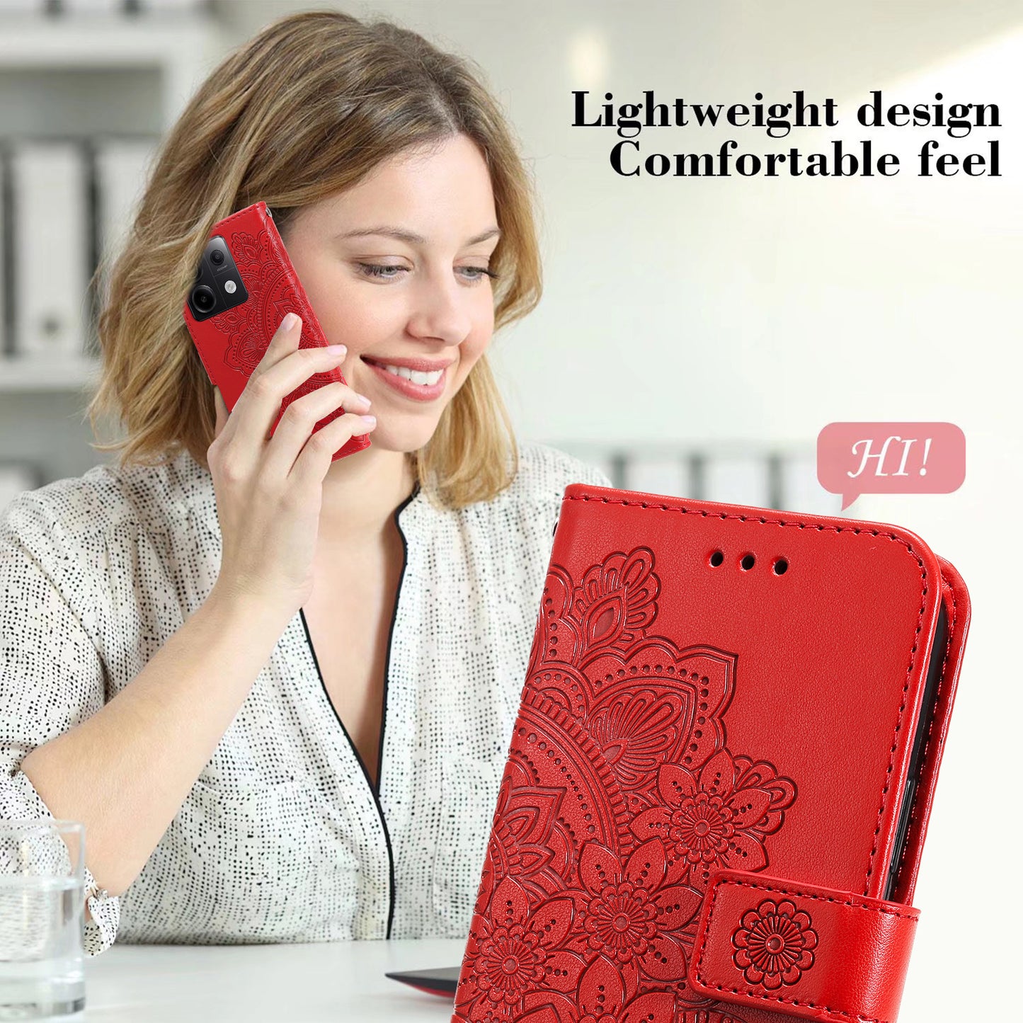 For Xiaomi Redmi Note 13 Pro 5G / Poco X6 5G Wallet Case with Strap Blossoming Flower Leather Stand Cover - Red