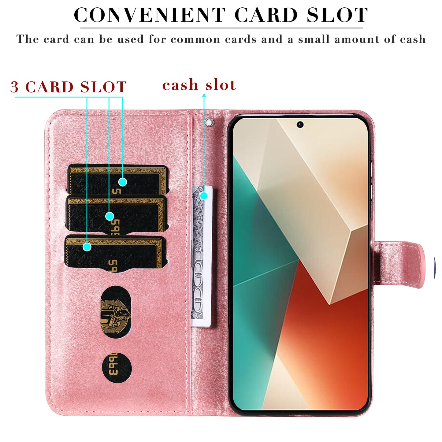For Xiaomi Redmi Note 13 5G Leather Case Zipper Wallet Calf Texture Phone Stand Cover - Pink
