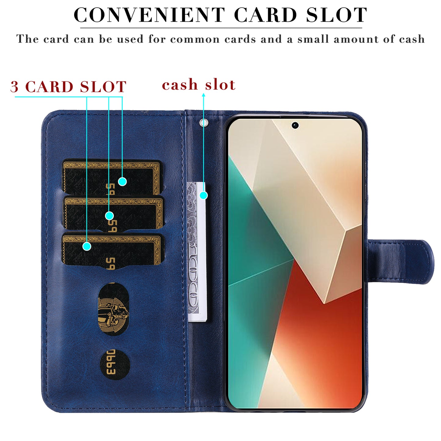For Xiaomi Redmi Note 13 5G Leather Case Zipper Wallet Calf Texture Phone Stand Cover - Blue