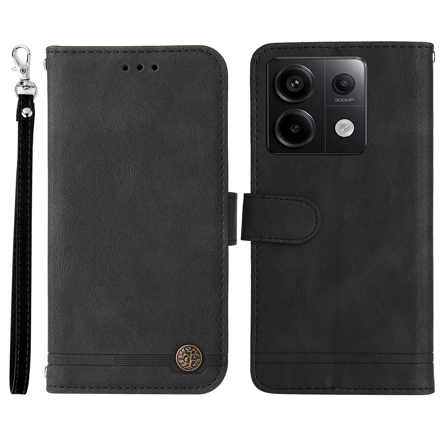 For Xiaomi Redmi Note 13 Pro 5G / Poco X6 5G Leather Case with Strap Phone Wallet Stand Cover - Black