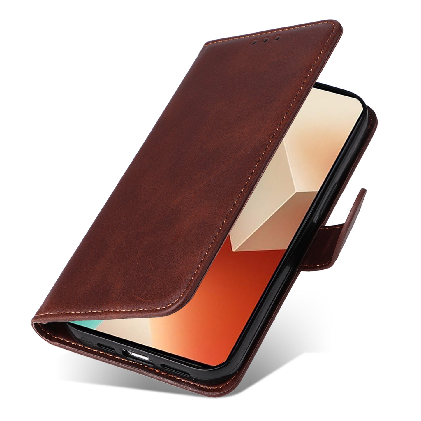 For Xiaomi Redmi Note 13 5G Case Stand Leather Phone Cover Wallet with Strap - Brown
