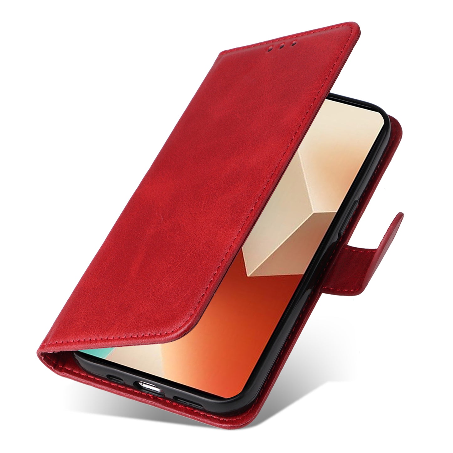For Xiaomi Redmi Note 13 5G Case Stand Leather Phone Cover Wallet with Strap - Red